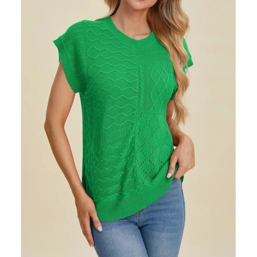 NWT Double Take Kelly Green Mixed Cable Knit Cap Sleeve Sweater XL